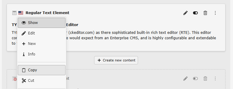 The context menu of a content menu in the TYO3 backend