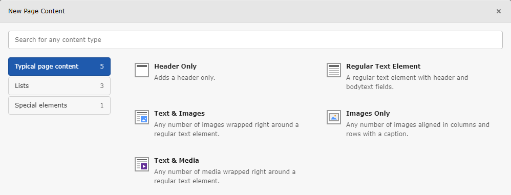 Screenshot of the "New Page Content" wizard as seen by a common TYPO3 editor, featuring "Typical Page Content", "Lists" and "Special elements"