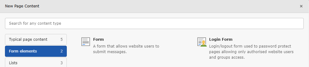 Tab "Form elements" with "Form" and "Login Form"