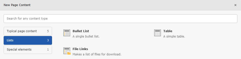 The 'List' tab contains content elements like "Bullet List", "Table" and "File Links"