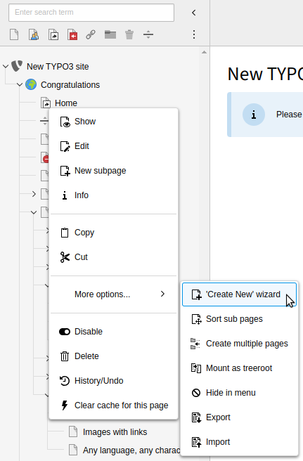 Creating pages with the context menu