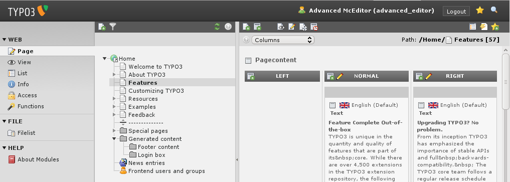 The backend view for the "advanced\_editor"
