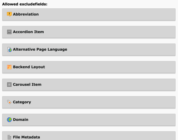 The list of excluded fields in its default state (all tables collapsed)