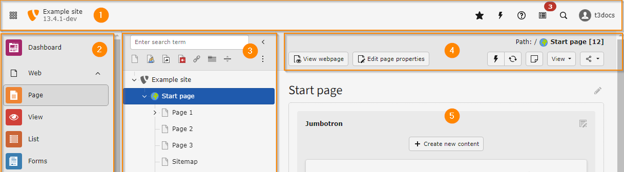 Screenshot of the TYPO3 Backend after login, with annotated parts