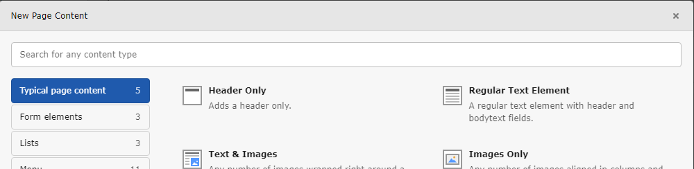Screenshot of a "New page content" wizard in a standard TYPO3 installation