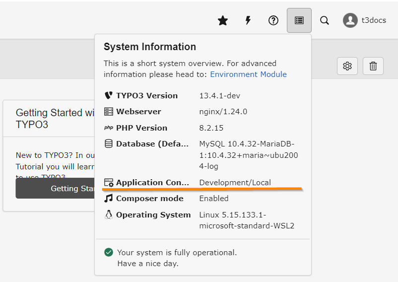 Screenshot showing the current application context in the "System Information" box