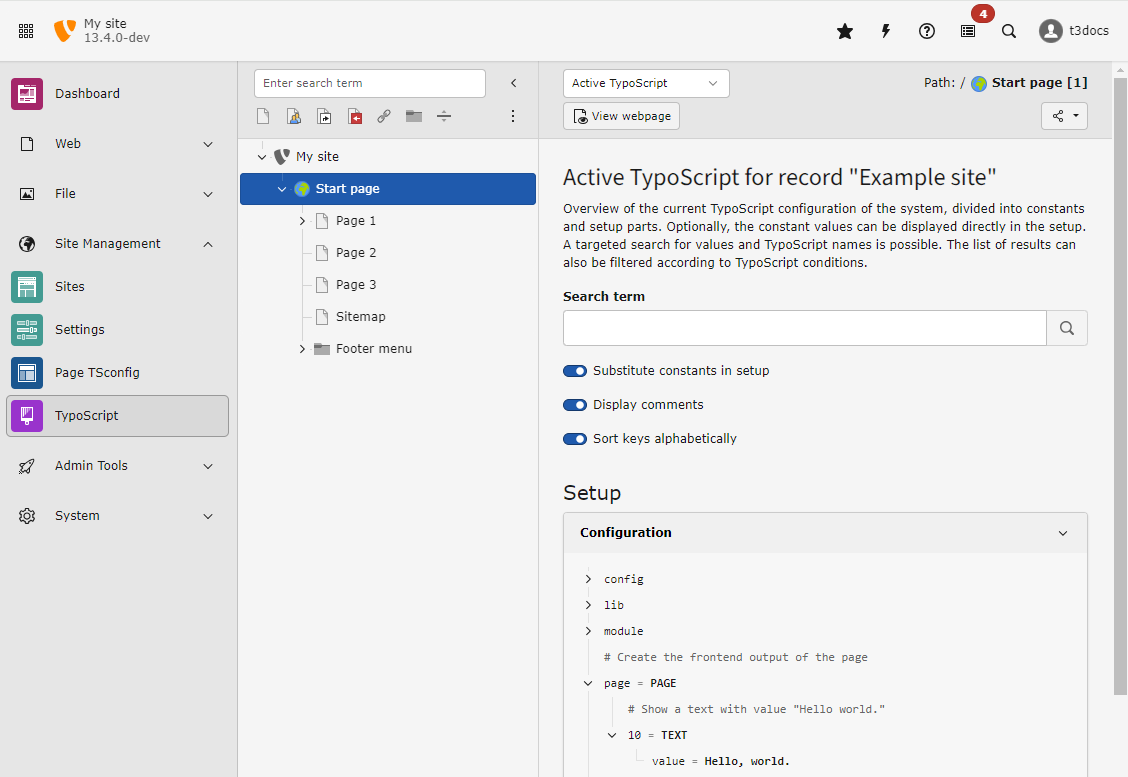 Screenshot of the submodule "Active TypoScript" in the module "Site Management > TypoScript"