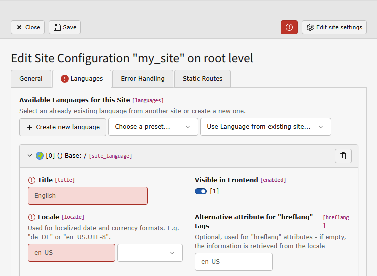 An empty language configuration in the site settings prevents saving