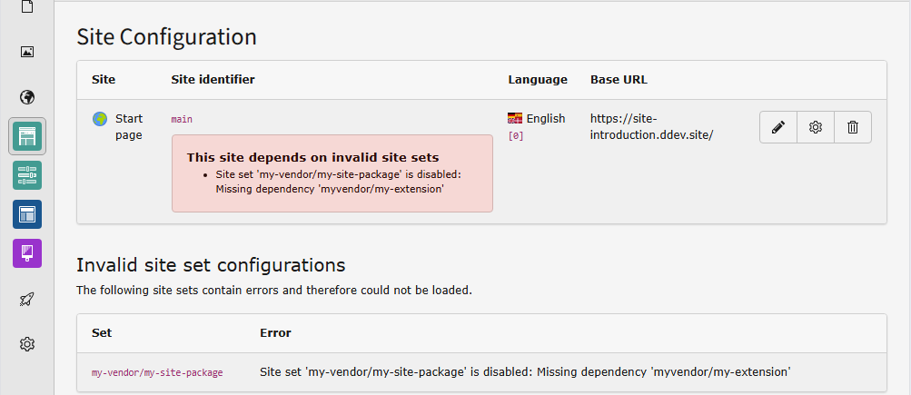 Screenshot of the site configuration module with a site set that displays the error message "This site depends on invalid site sets".