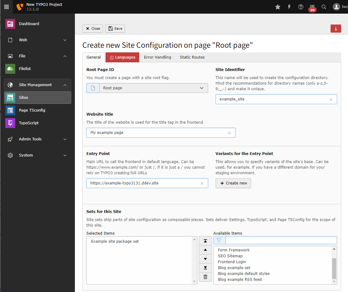 Screenshot of the tab "General" of a newly created site configuration