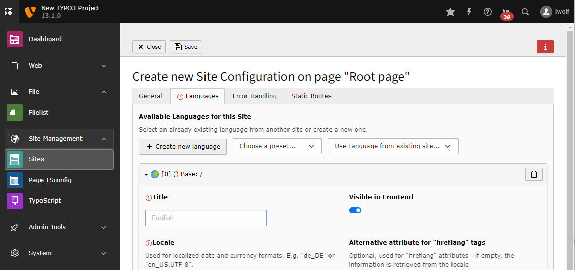 Screenshot of the tab "Languages" of a newly created site configuration