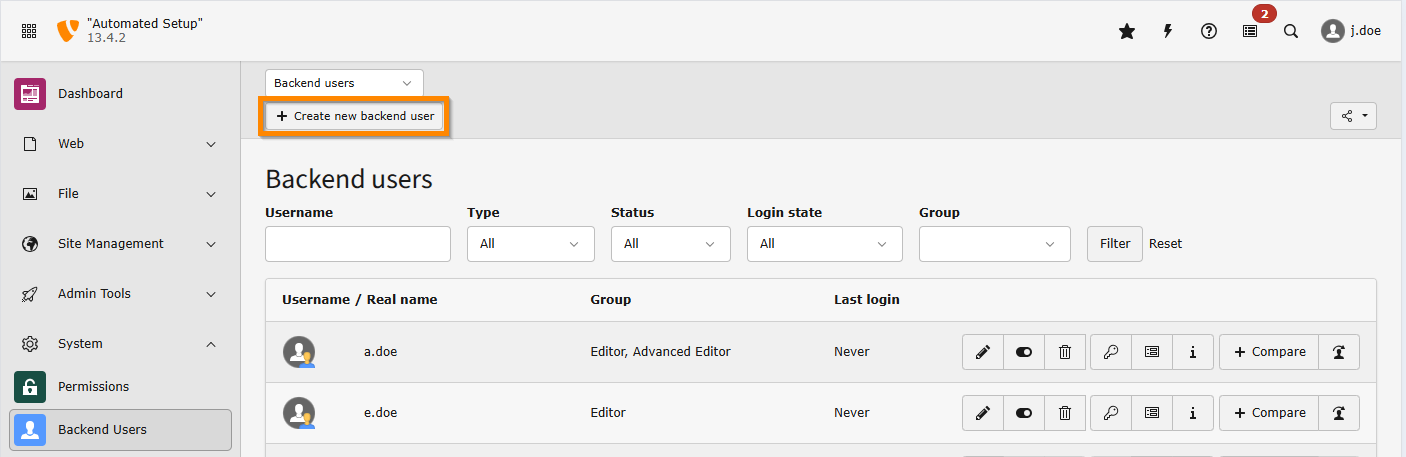 Screenshot of the "Backend Users" module demonstrating the location of the "Create new backend user" button in the module header