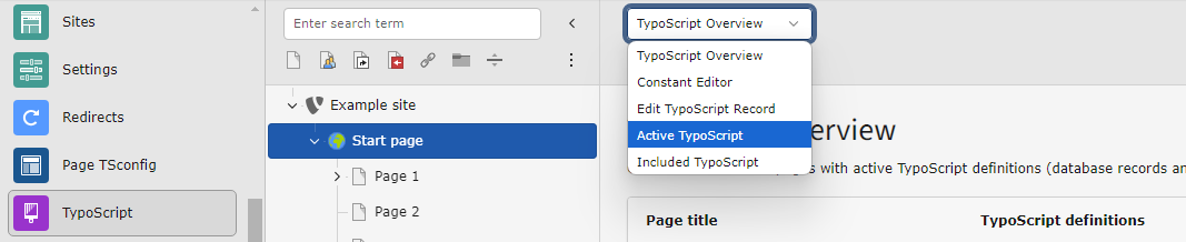 Screenshot of the TypoScript module in the backend demonstrating the location of the submodule switch, a drop down in the document header