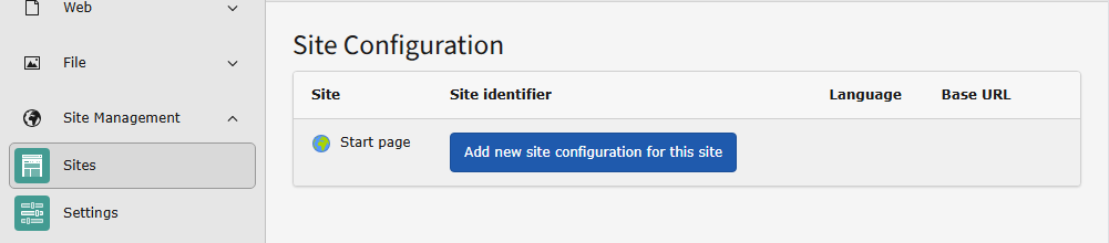 Screenshot of the "Sites" module with no site created yet