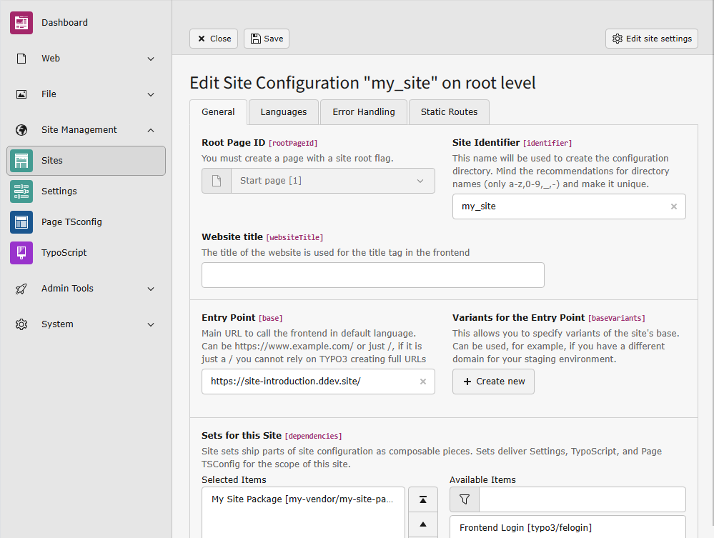 Screenshot of the tab "General" of a newly created site configuration