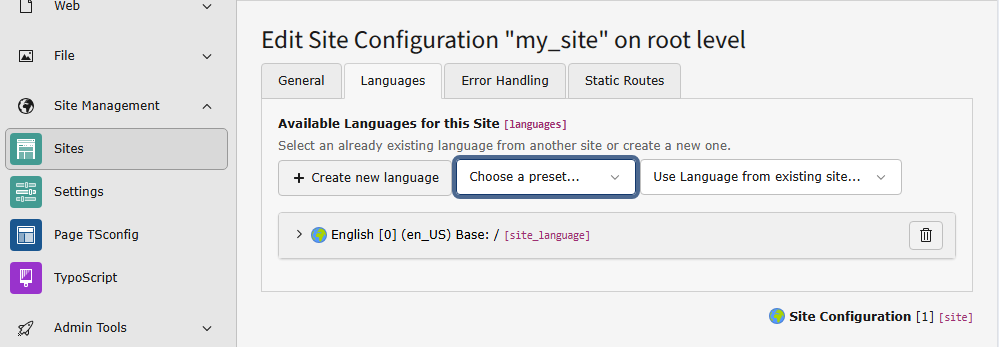Screenshot of the tab "Languages" of a newly created site configuration