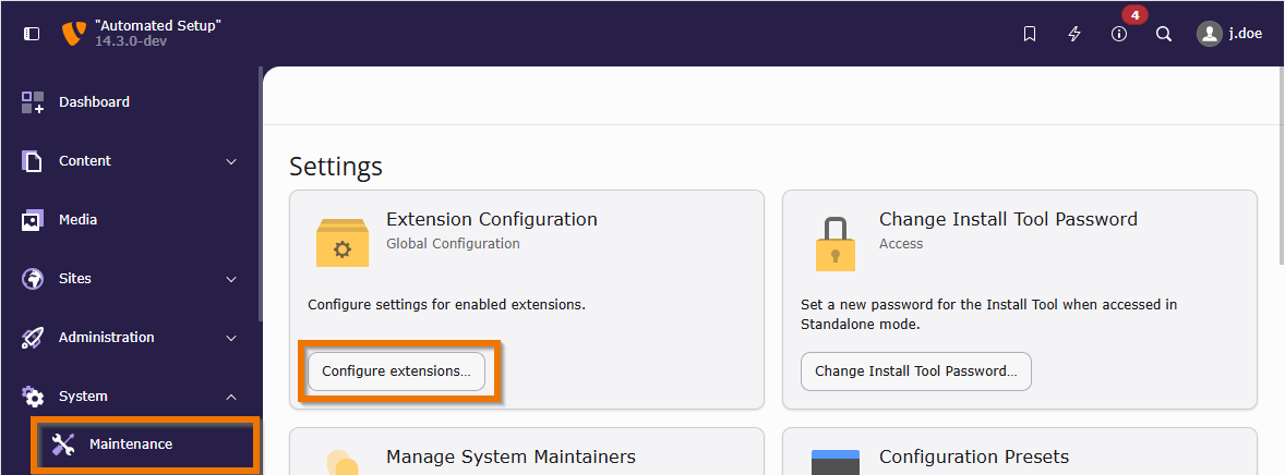 Screenshot demonstration the location of the Extension Configuration in module "Settings"