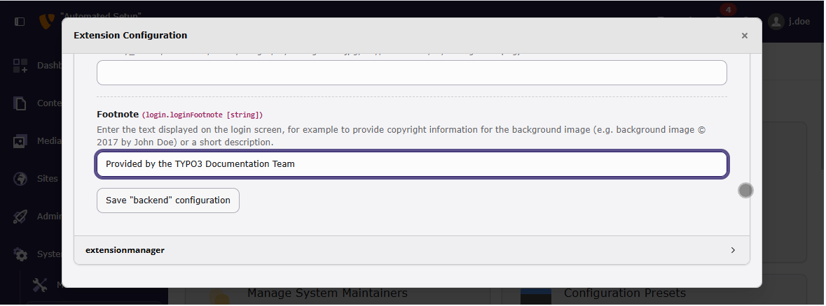 Screenshot of the Extension Configuration submodule