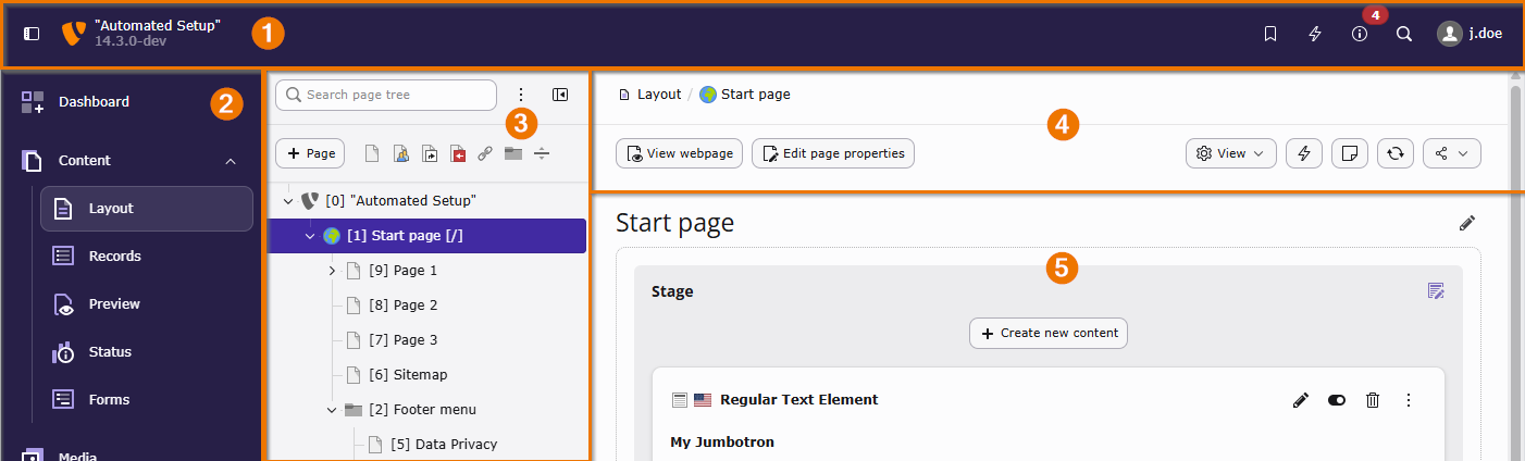 Screenshot of the TYPO3 Backend after login, with annotated parts