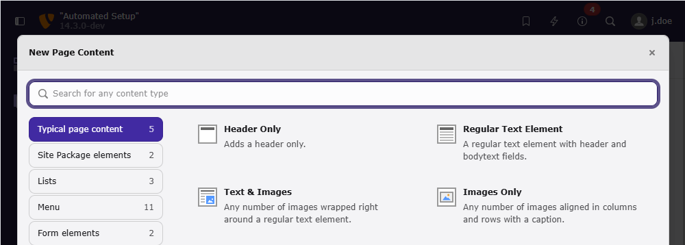 Screenshot of a "New page content" wizard in a standard TYPO3 installation