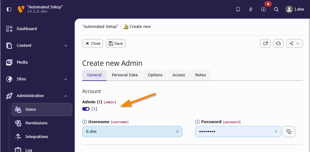 The Admin option is the first option in the tab "General" in the backend user edit form