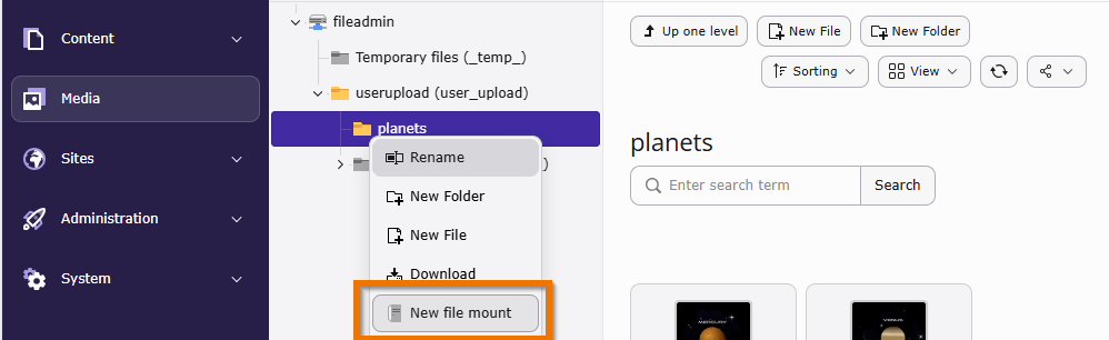 New filemount option in the dropdown of a folder in the Media module in the TYPO3 backend