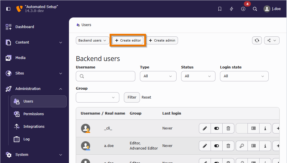Screenshot of the "Backend Users" module demonstrating the location of the "Create new backend user" button in the module header