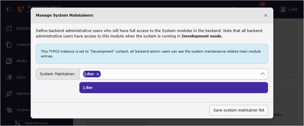"Manage System Maintainers" window in the module System > Settings.