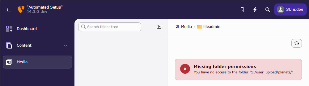 Error message: Missing folder permissions. You have no access to the folder "1:/user_upload/".