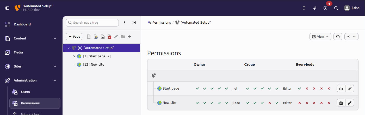 The page permissions module in the TYPO3 backend.