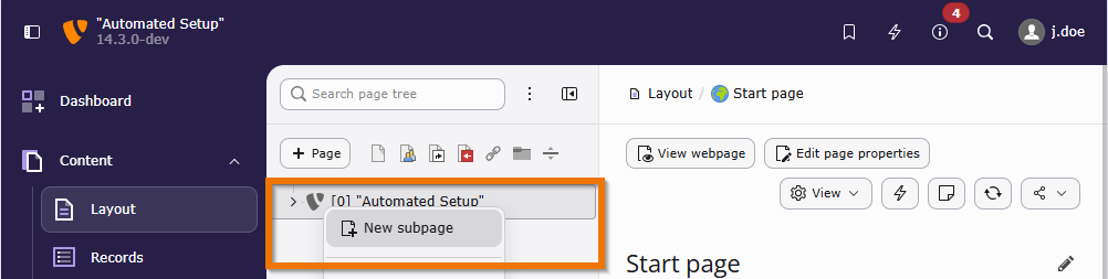 The "Content > Layout" module in the TYPO3 backend with a context menu to create a new page