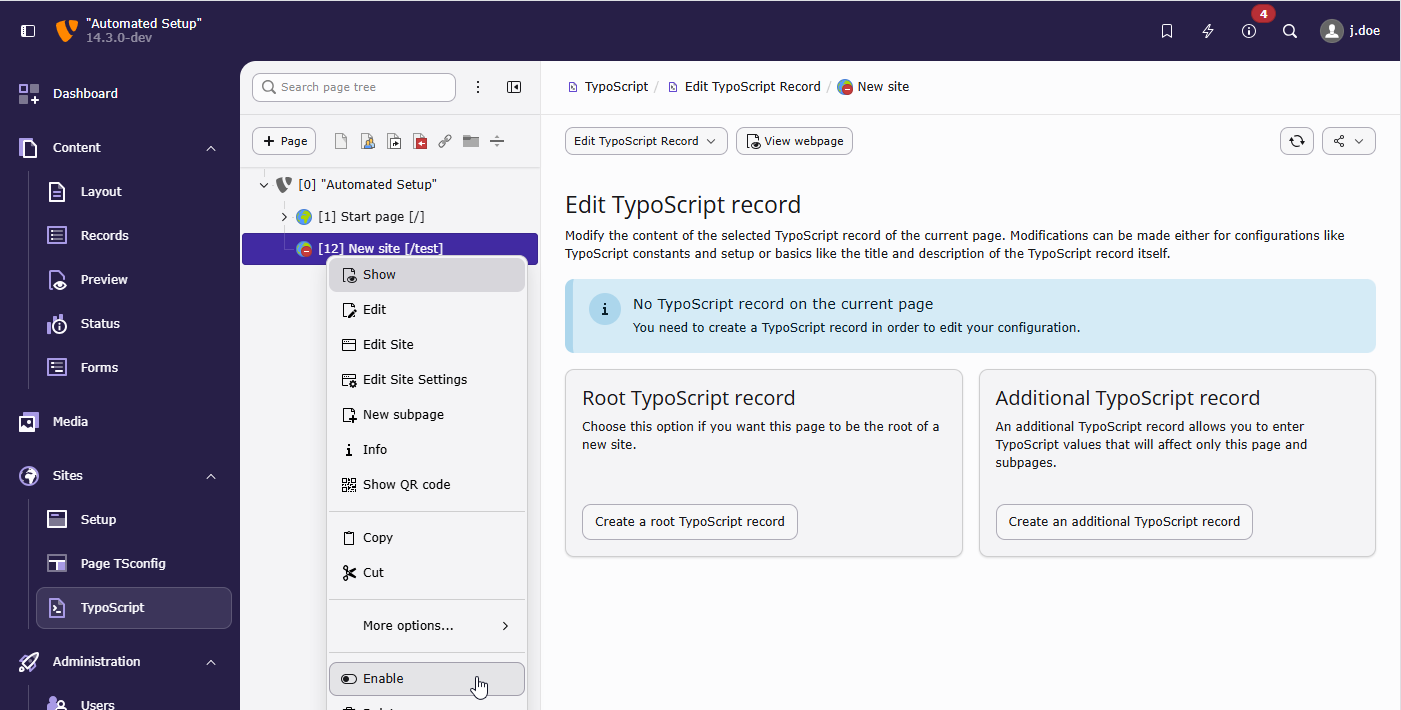 A disabled root page and its context menu