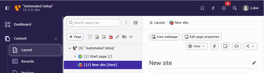 Backend module "Content > Layout" with a newly created but still disabled root page
