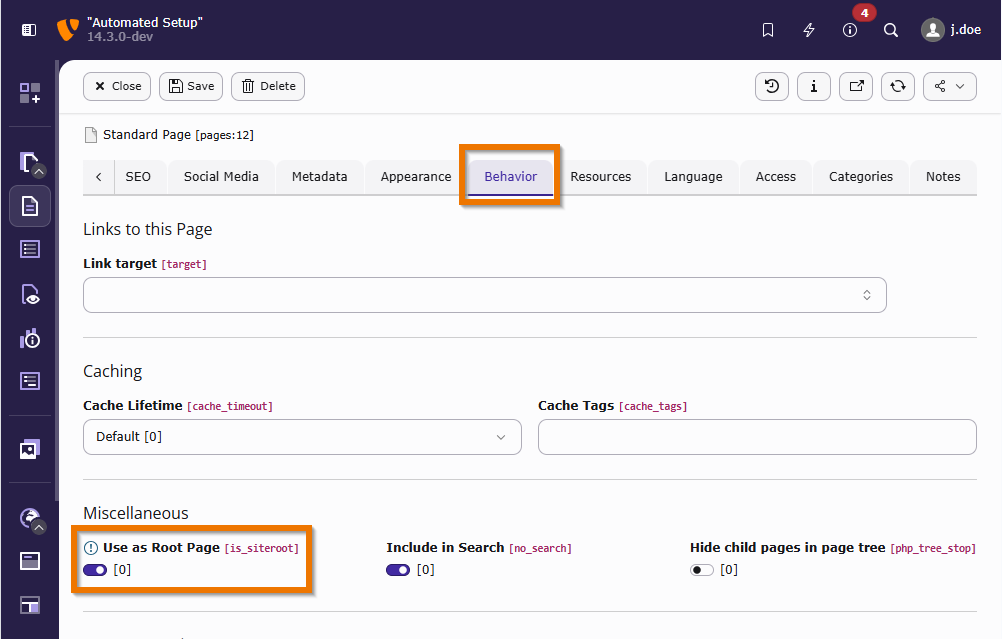 Page properties, tab "Behaviour", highlighting the "Use as root page"