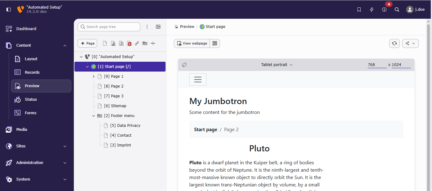 Viewing a page directly in the backend