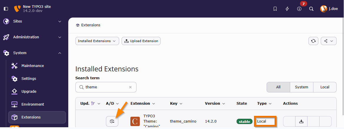 Screenshot of site settings section "Sets for this Site" with the new theme selected