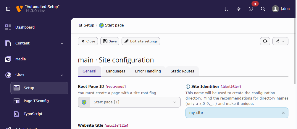 Screenshot demonstration field "Site Identifier" in a site configuration