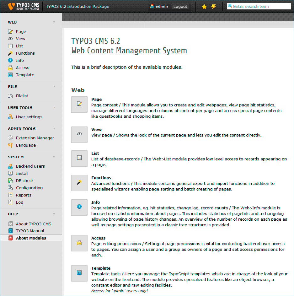 TYPO3 backend Overview