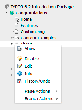 Pagetree with opened context menu