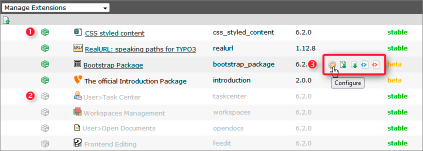 TYPO3 CMS 6.2 activated and deactivated extensions