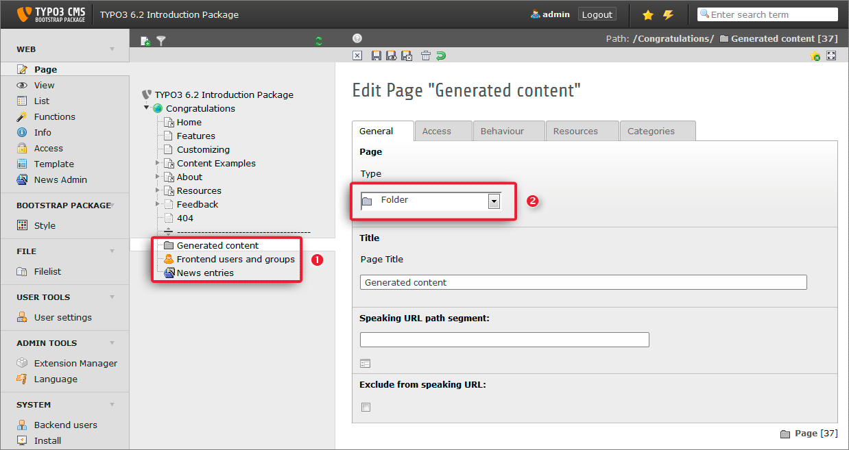 Changing a page type from page to folder