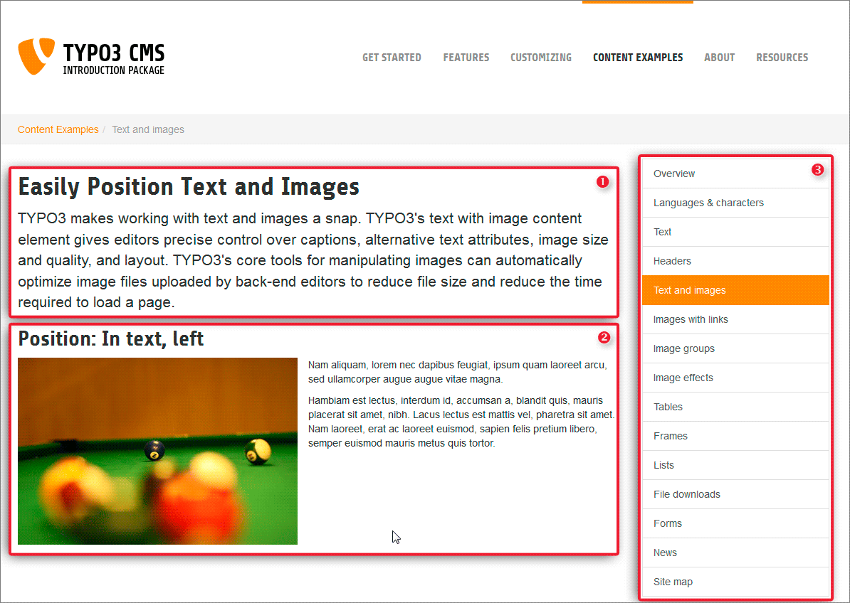 Page content seen from the frontend