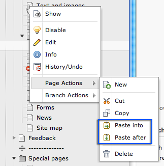 Pasting pages via page actions.