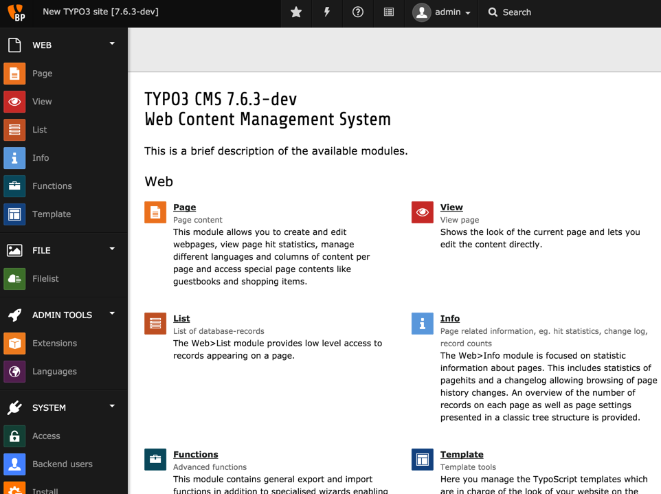 Présentation du backend TYPO3 CMS avec l'écran du module "À propos"
