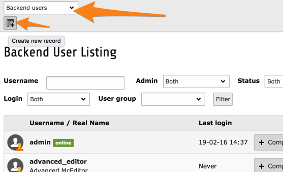 Création d'un nouvel utilisateur backend à partir du module Accès