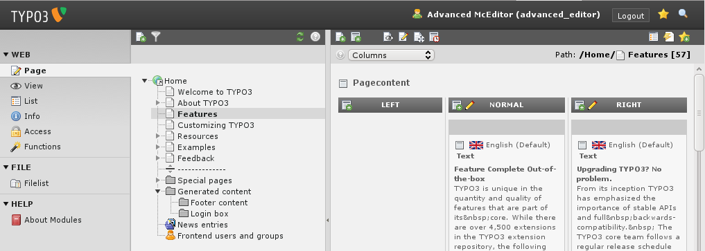 La vue backend pour l'utilisateur "advanced\_editor"