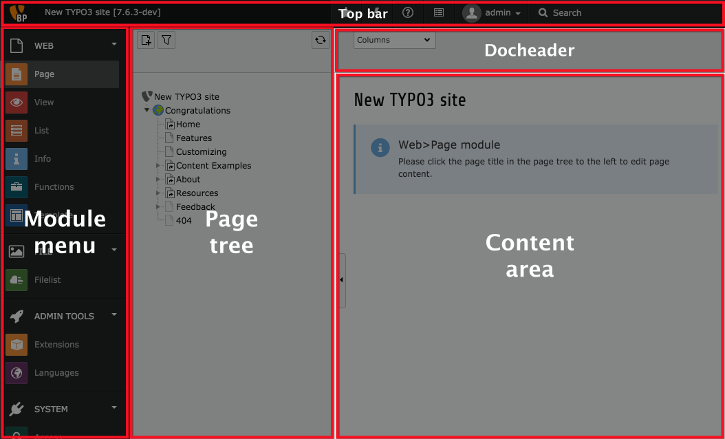 Aperçu de l'ensemble du backend de TYPO3 CMS