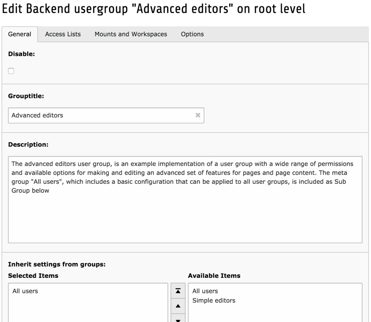 Contenu de l'onglet "Général" lors de l'édition d'un groupe d'utilisateurs backend