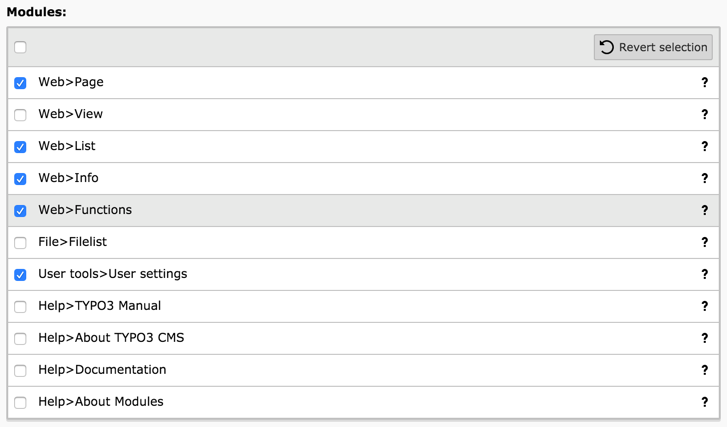 Le choix des modules pour le groupe d'utilisateurs backend