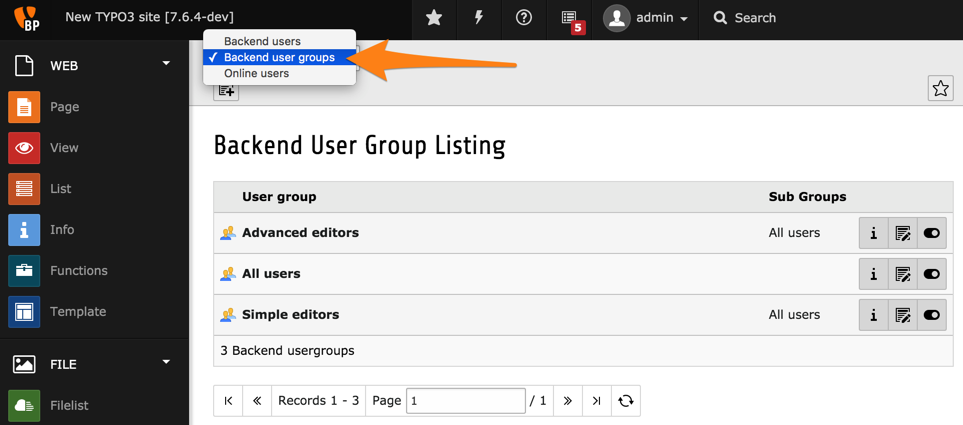 Affichage des groupes dans le module Utilisateurs Backend